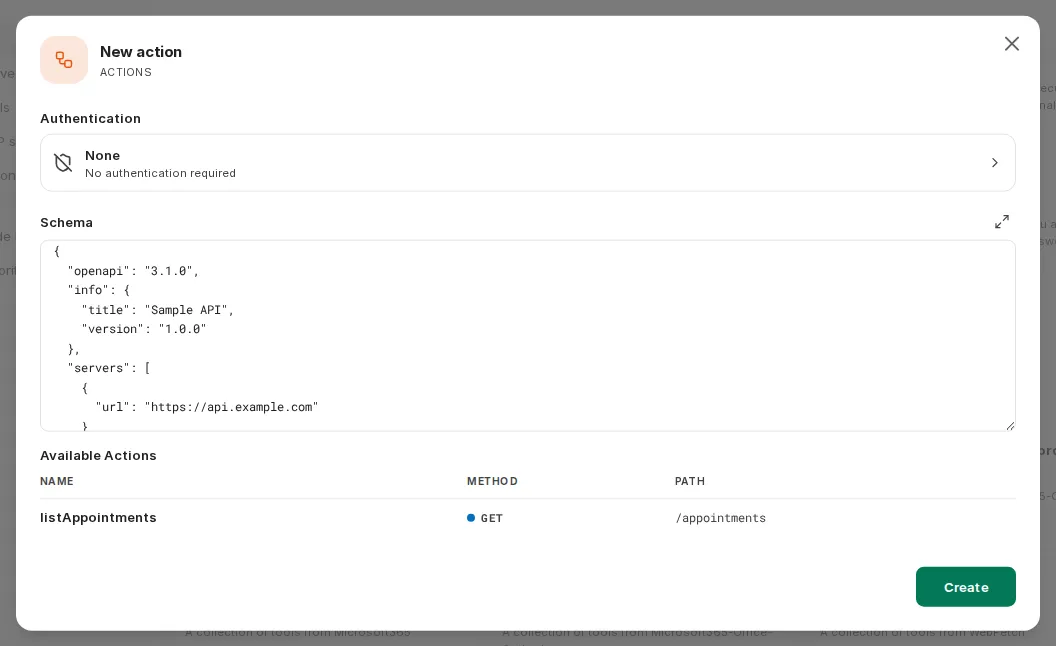 New action dialog with authentication, a sample schema, and the available actions detected in it