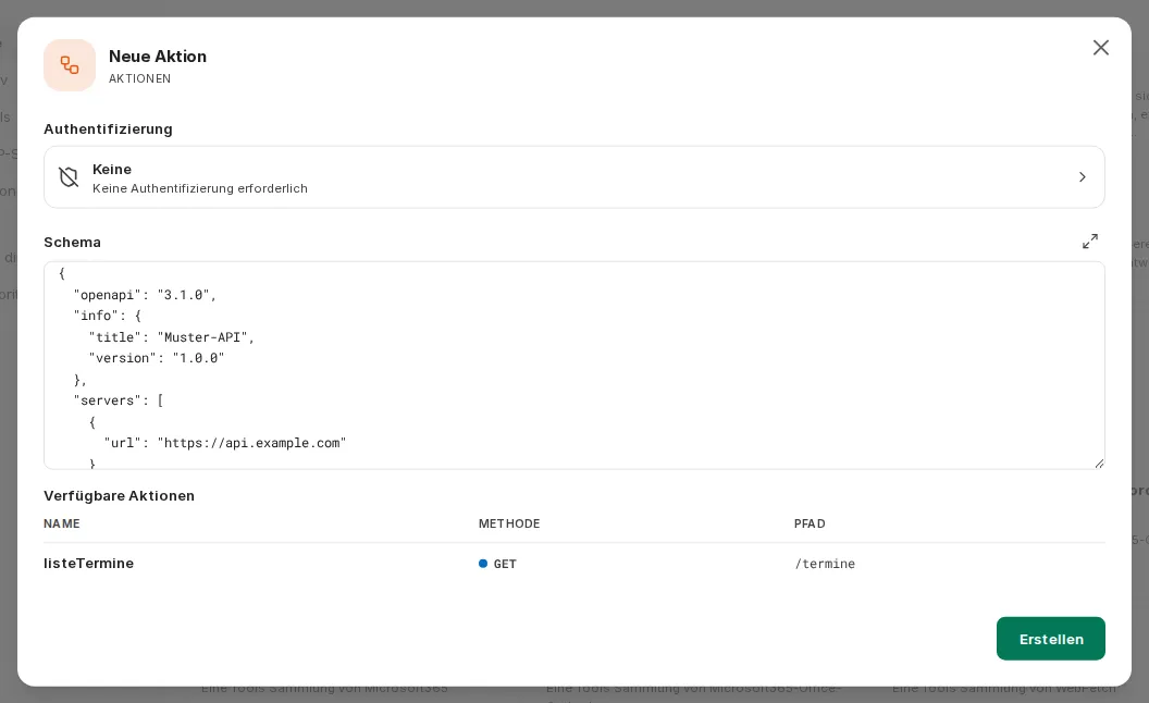 Dialog Neue Aktion mit Authentifizierung, einem Beispielschema und den daraus erkannten verfügbaren Aktionen