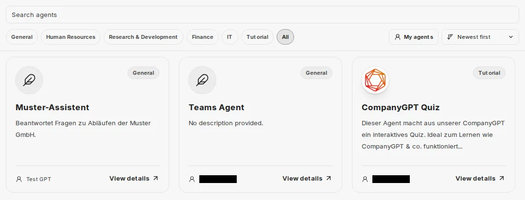 Agent Marketplace with search, categories, the My agents and Sort by buttons, and the first agents