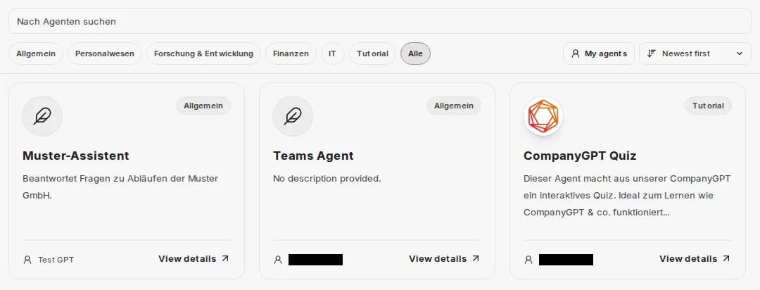 Agenten-Marktplatz mit Suche, Kategorien, den Schaltflächen My agents und Sort by sowie den ersten Agenten