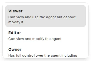 Selection of the Viewer, Editor, and Owner permissions in the share dialog