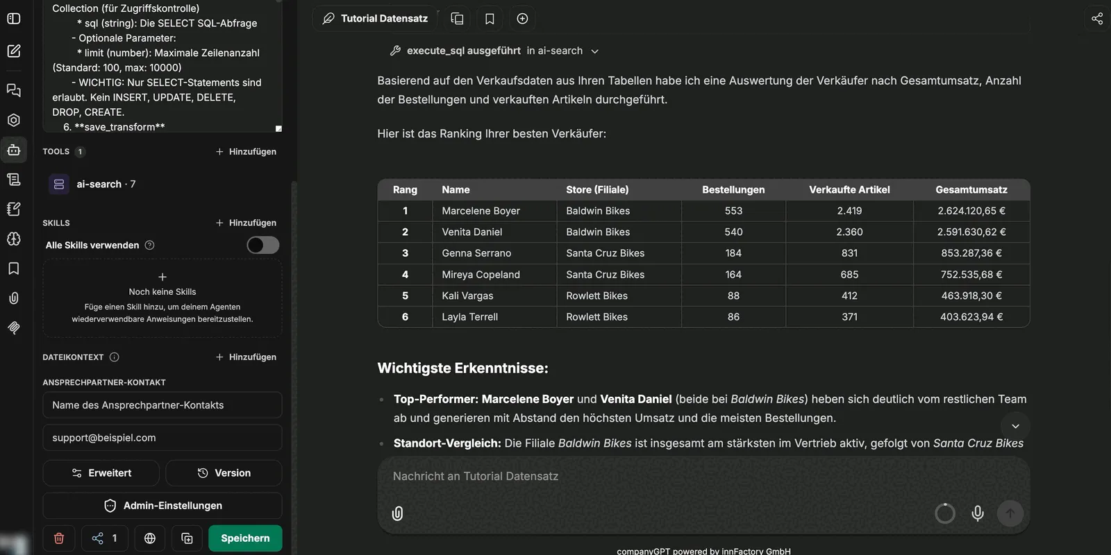 Agenten-Antwort mit ausgeführter SQL-Abfrage und Ergebnistabelle