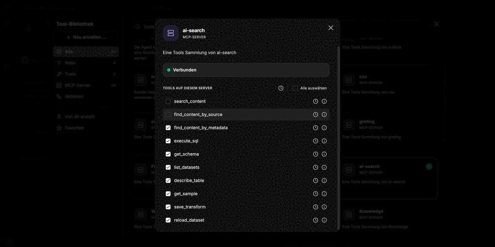 Tool-Auswahl mit aktivierten SQL-Tools für eine Datensatzsammlung