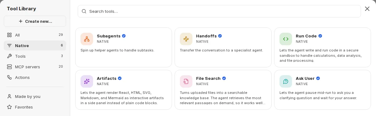 Tool Library with the built-in entries in the Native area, including Subagents, Handoffs, and Run Code