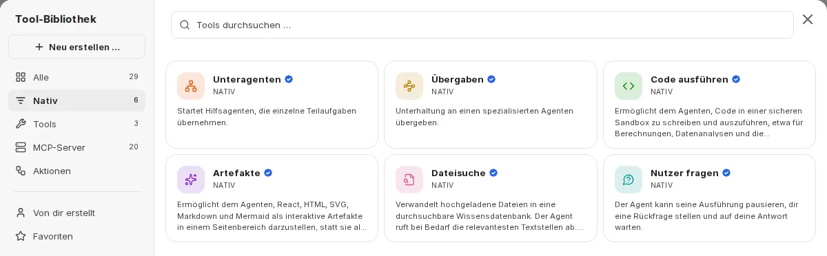 Tool-Bibliothek mit den eingebauten Einträgen im Bereich Nativ, darunter Unteragenten, Übergaben und Code ausführen