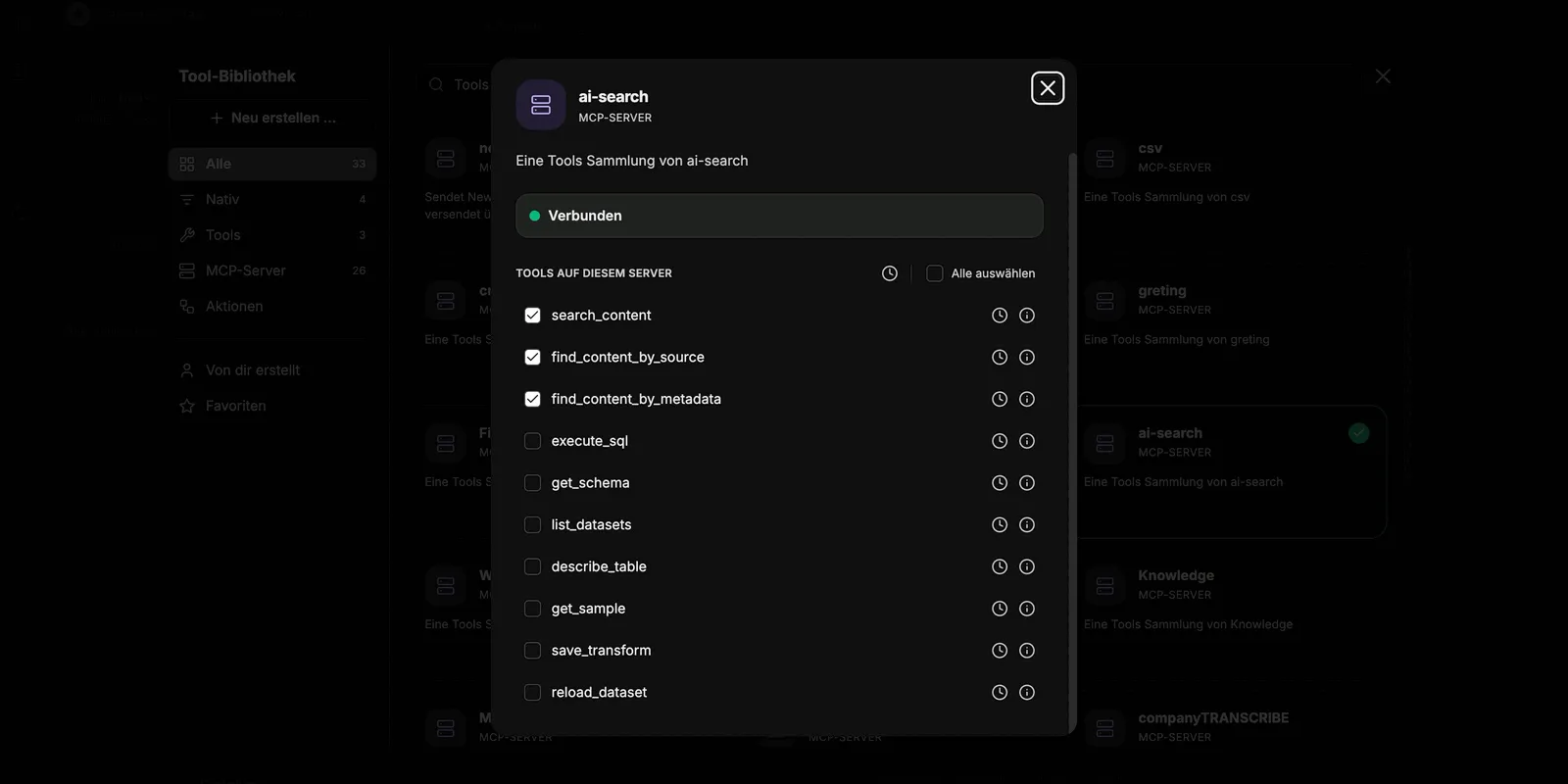 Tool-Auswahl des MCP-Servers ai-search mit aktivierten Content-Such-Tools