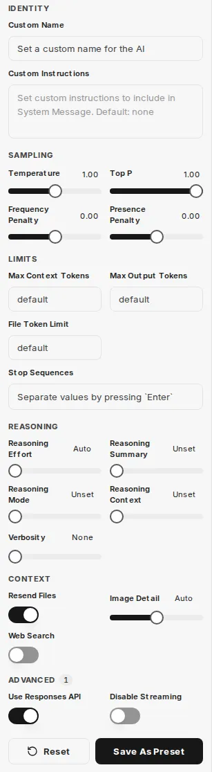 Parameters panel with the parameters of a GPT model