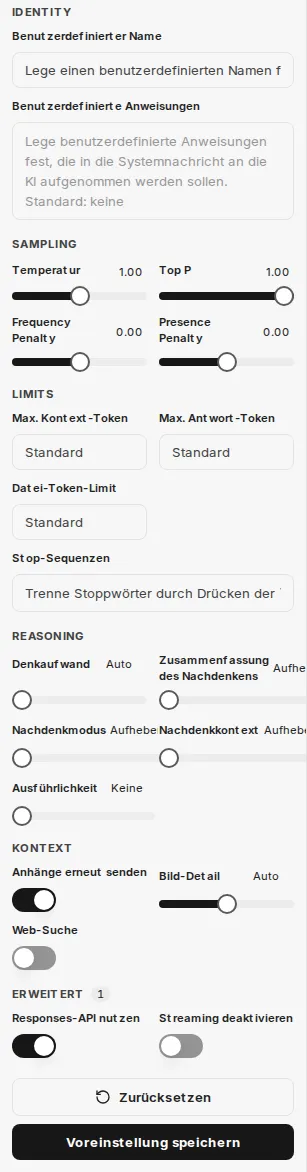 Panel KI-Einstellungen mit den Parametern eines GPT-Modells