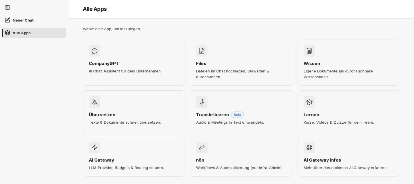 Seite Alle Apps mit den Kacheln der freigeschalteten Apps