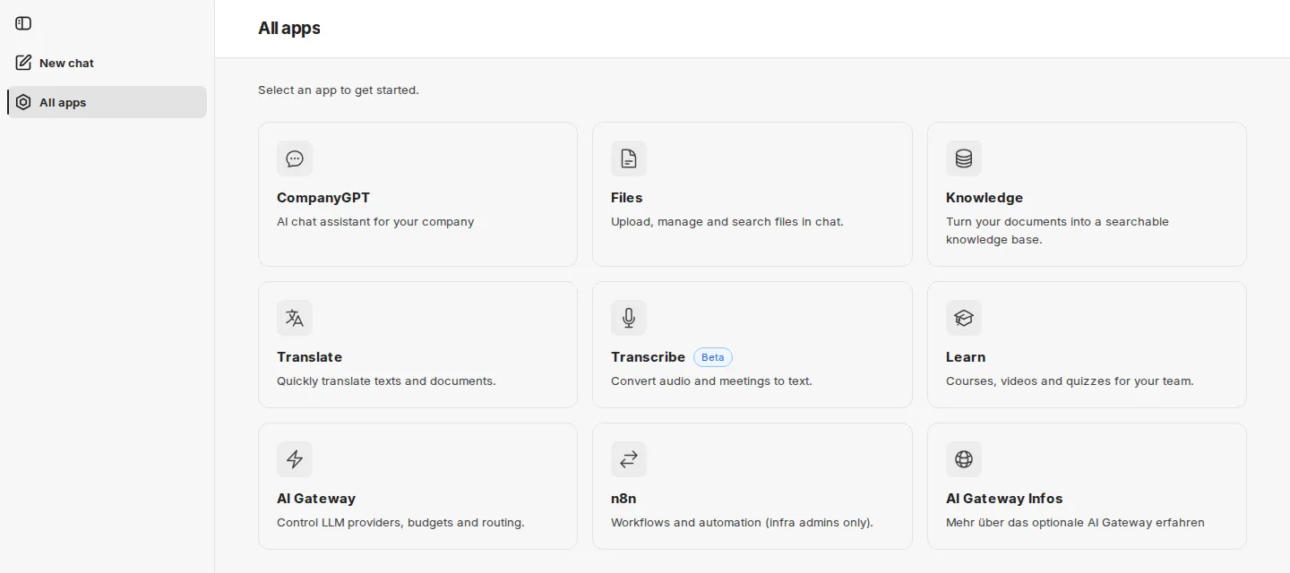 All apps page with the tiles of the enabled apps