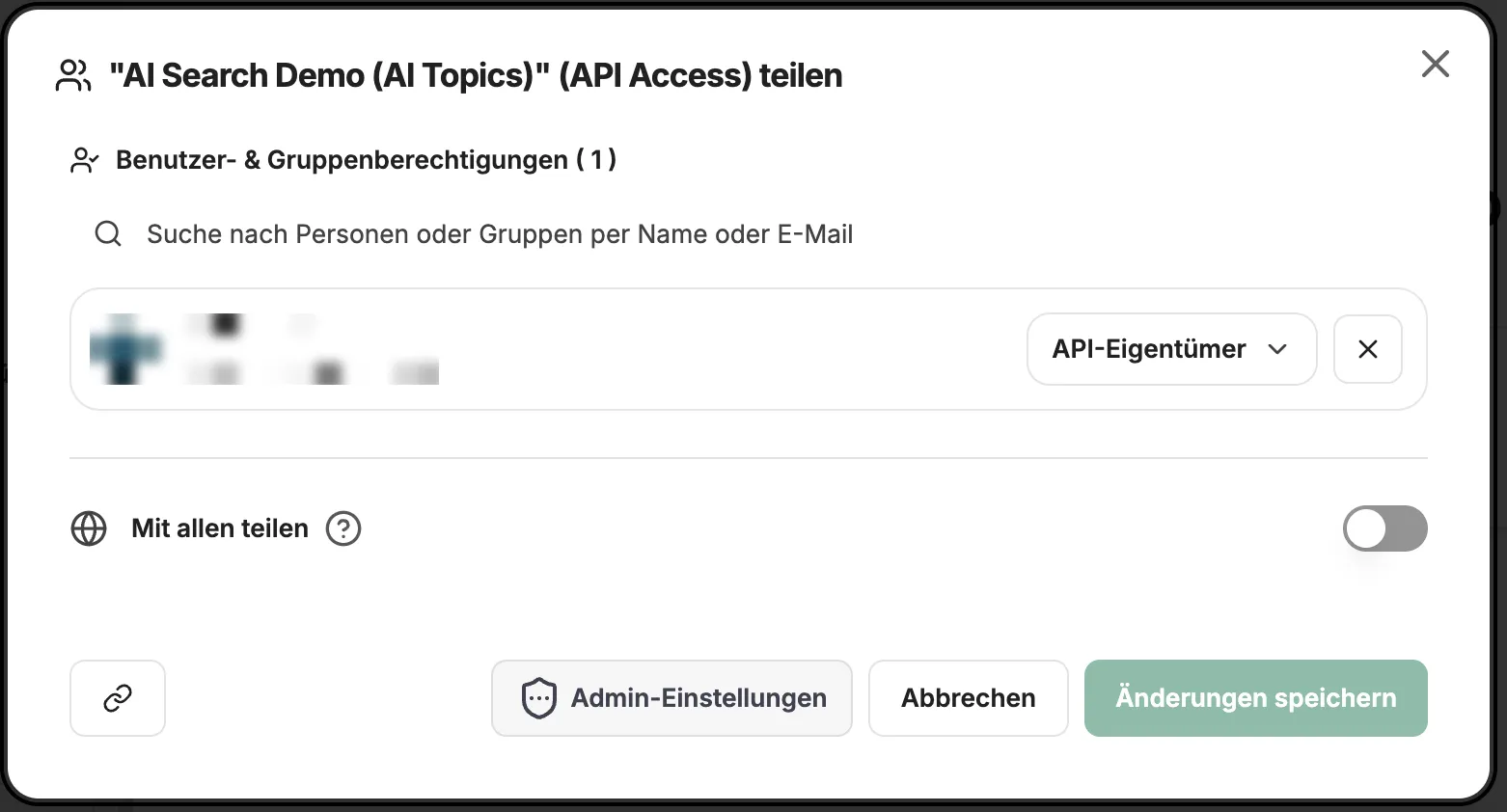 Dialog zum Teilen des API-Zugriffs auf einen Agenten