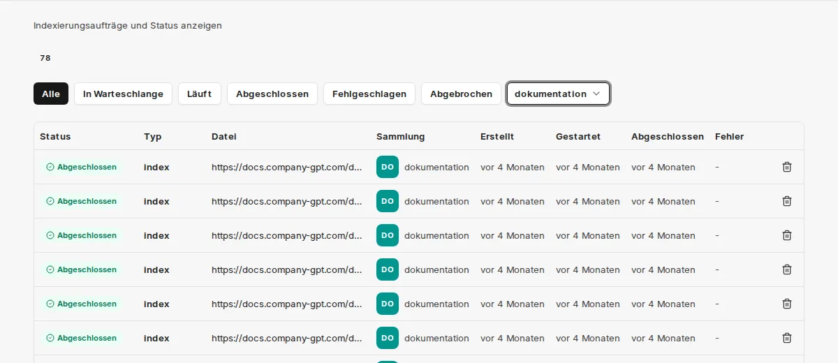 Aufträge der Sammlung dokumentation mit Status, Typ, gecrawlter Seite und Zeitpunkten