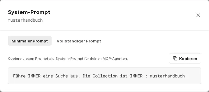 System-Prompt einer Sammlung mit minimaler und vollständiger Variante