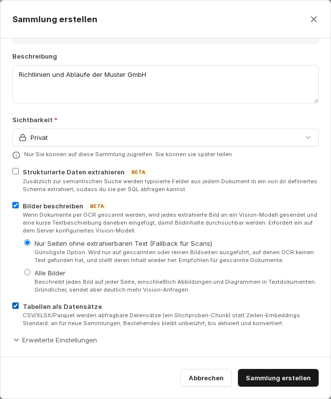 Optionen der Bildbeschreibung: nur Seiten ohne extrahierbaren Text oder alle Bilder