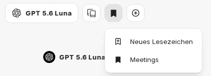 Geöffnetes Lesezeichen-Menü im Kopfbereich eines Chats mit Neues Lesezeichen und einem zugeordneten Lesezeichen