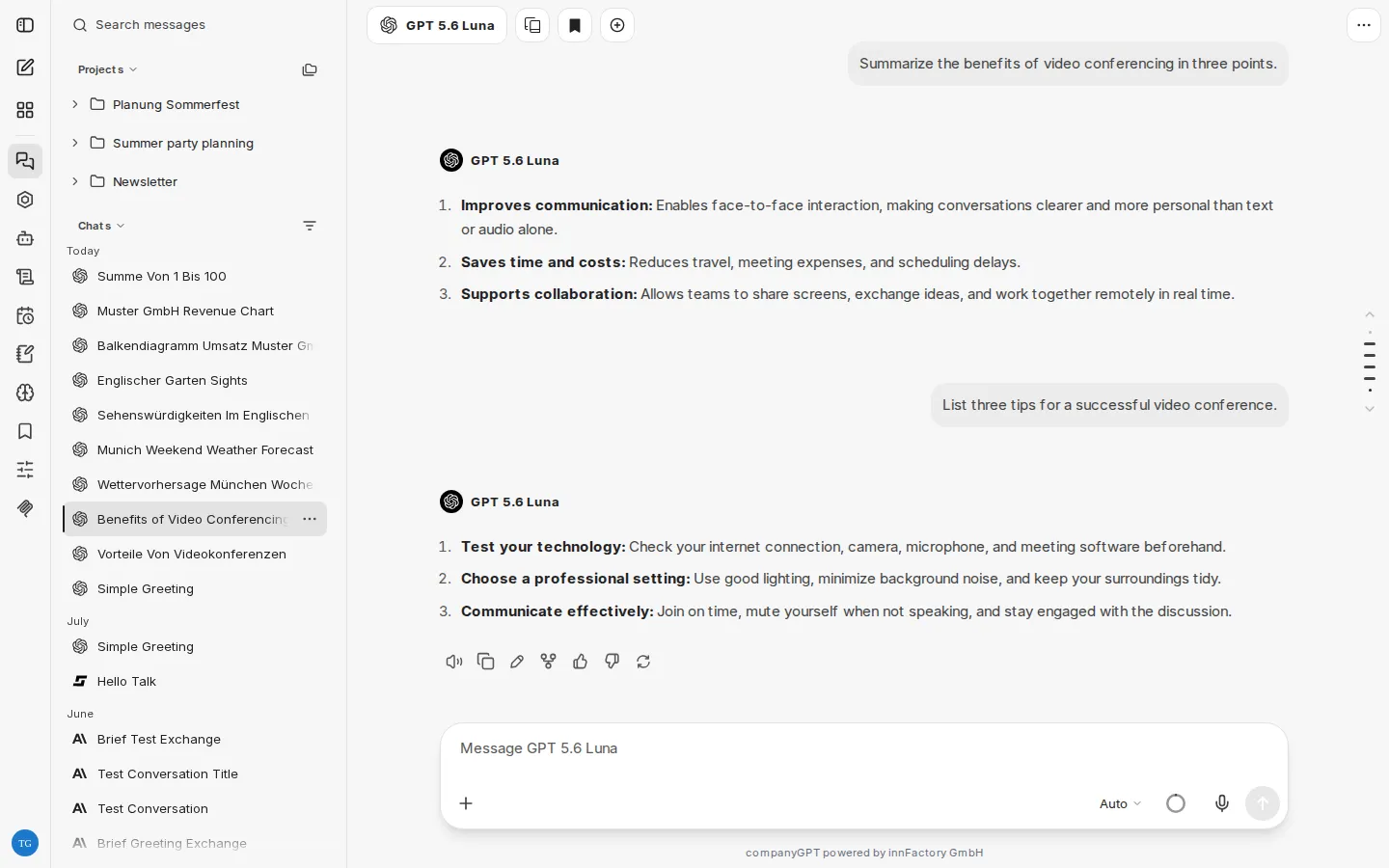 Chat with two questions and answers, with the sidebar and chat history on the left