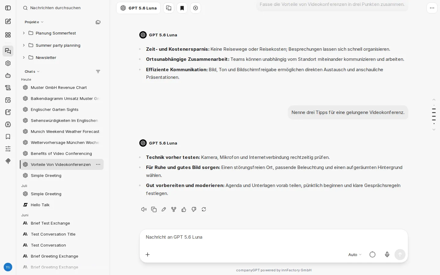 Chat mit zwei Fragen und Antworten, links die Seitenleiste mit dem Chatverlauf