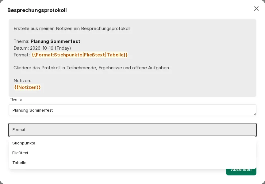 Eingabefenster mit geöffnetem Dropdown einer Variable mit drei Optionen