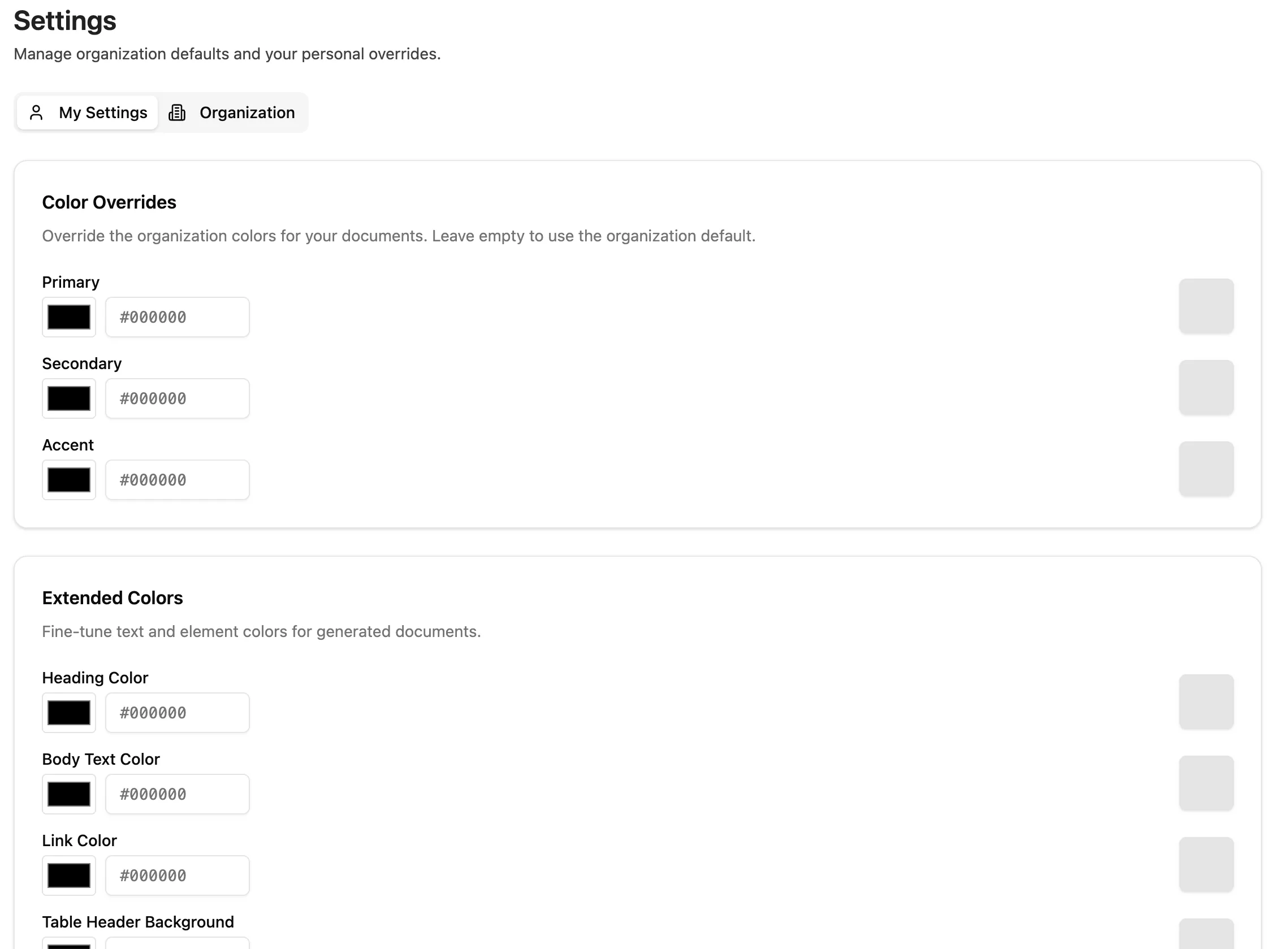 Settings view