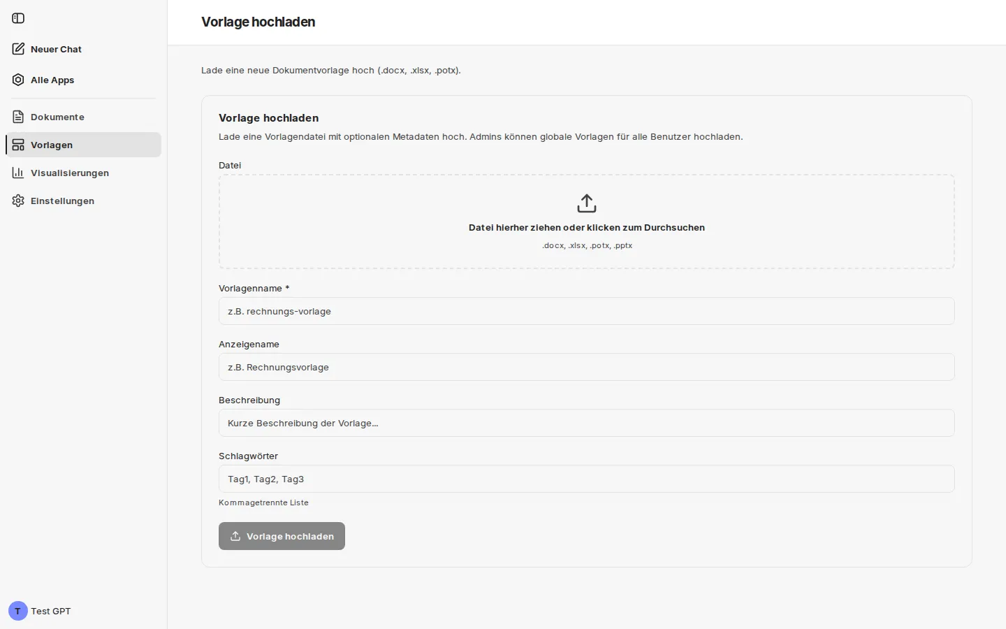 Seite Vorlage hochladen mit dem Upload-Bereich und den Feldern Vorlagenname, Anzeigename, Beschreibung und Schlagwörter, in der Ansicht ohne Administratorrechte