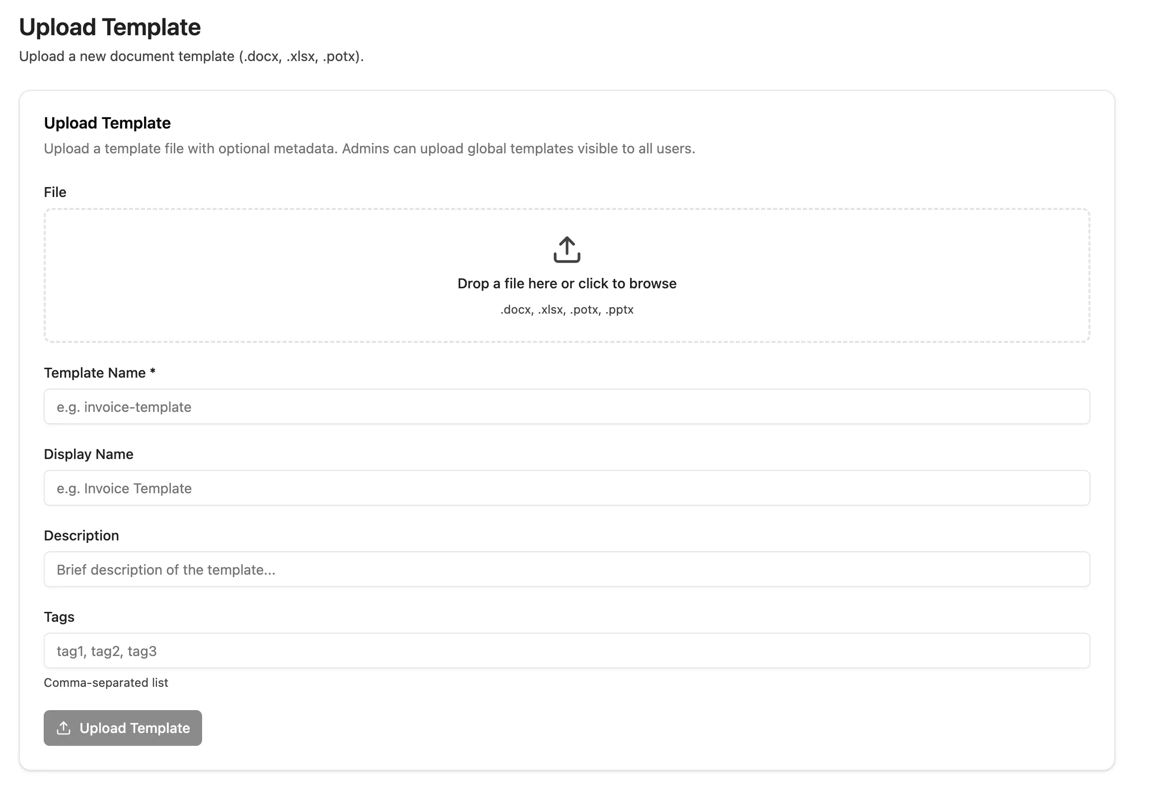 Upload Template view