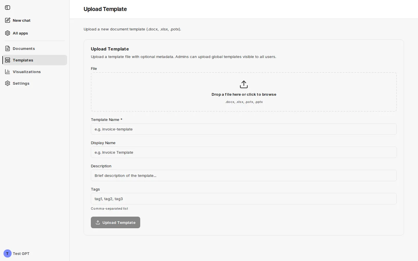 The Upload Template page with the upload area and the Template Name, Display Name, Description and Tags fields, in the view without administrator rights