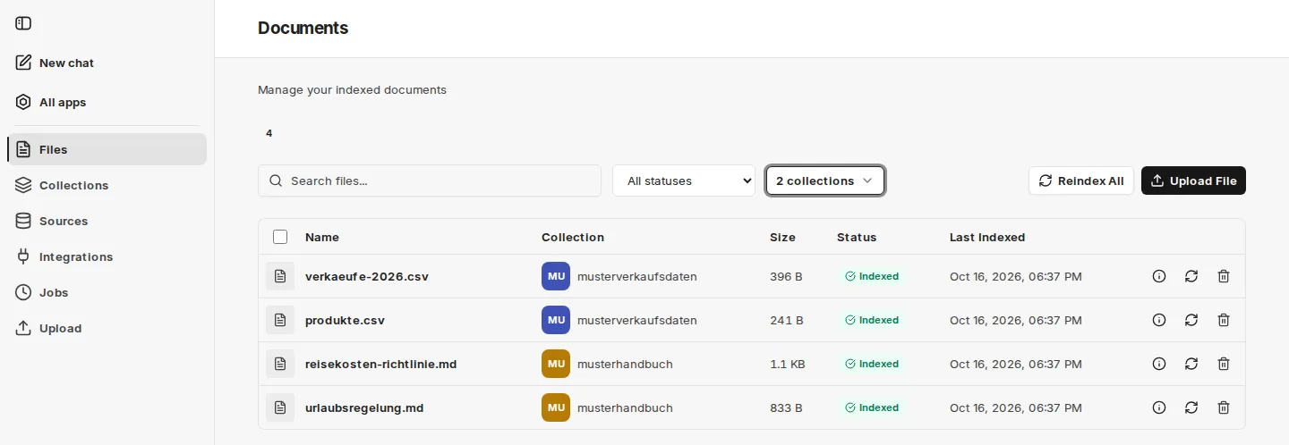 The "Documents" overview with search, status and collection filters plus name, collection, size, status, time of indexing and actions per file