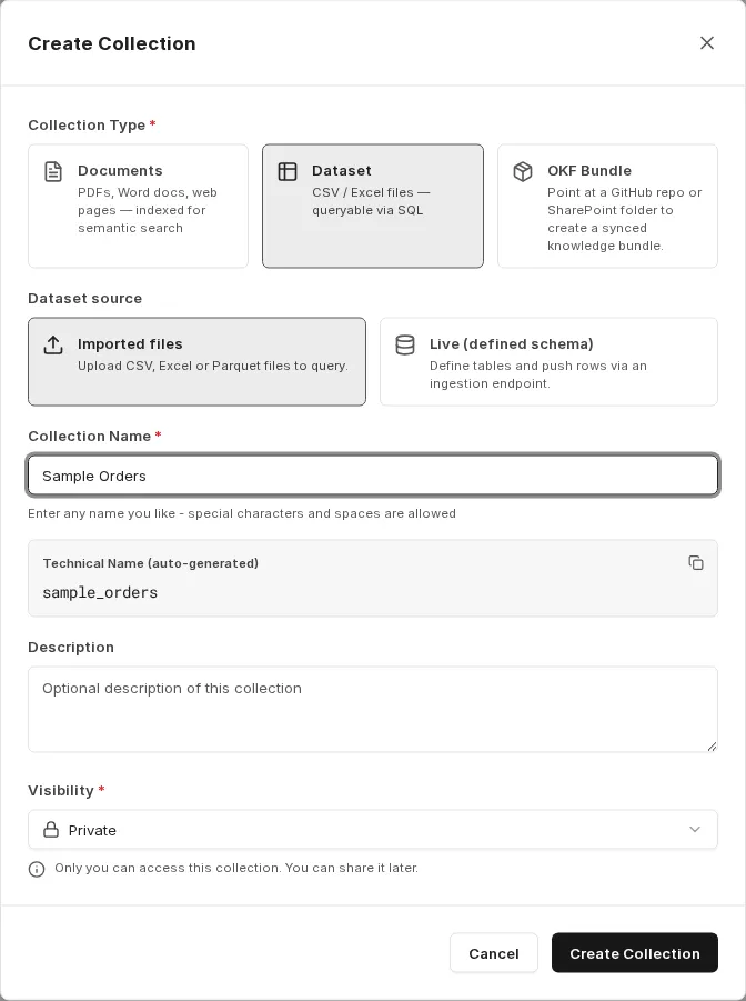 Choice of data source: imported files or a live defined schema