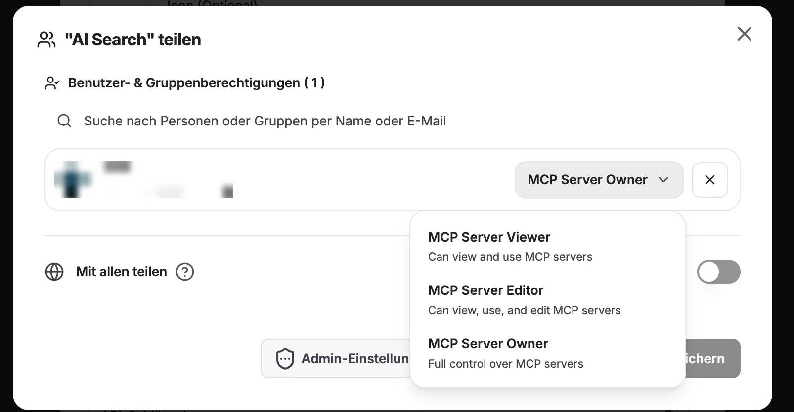 Teilen-Dialog eines MCP Servers mit Berechtigungen und den Rollen MCP Server Viewer, Editor und Owner