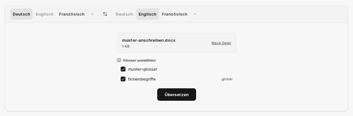 Ausgewählte Glossare muster-glossar und firmenbegriffe (global) vor der Übersetzung