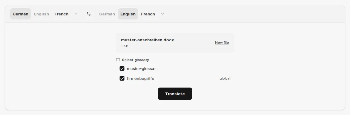 Selected glossaries muster-glossar and firmenbegriffe (global) before translating