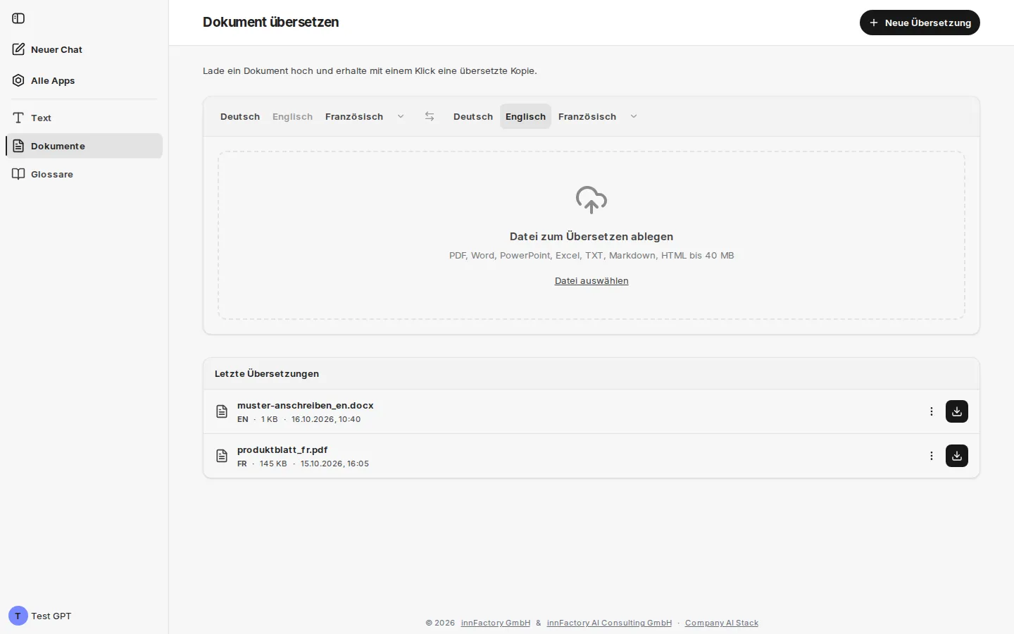 Bereich „Dokumente“ mit leerem Ablagebereich und der Liste „Letzte Übersetzungen“