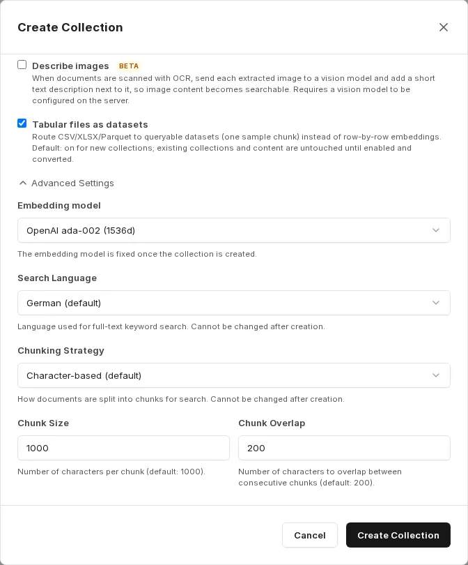 Advanced settings in the "Create Collection" dialog with embedding model, search language, chunking strategy, chunk size and chunk overlap