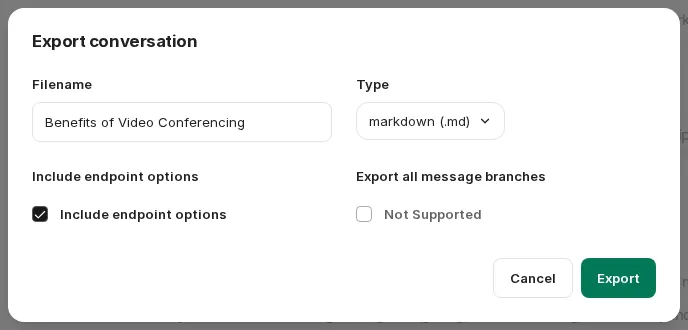 Export conversation dialog with filename, type, and options