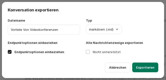 Dialog Konversation exportieren mit Dateiname, Typ und Optionen