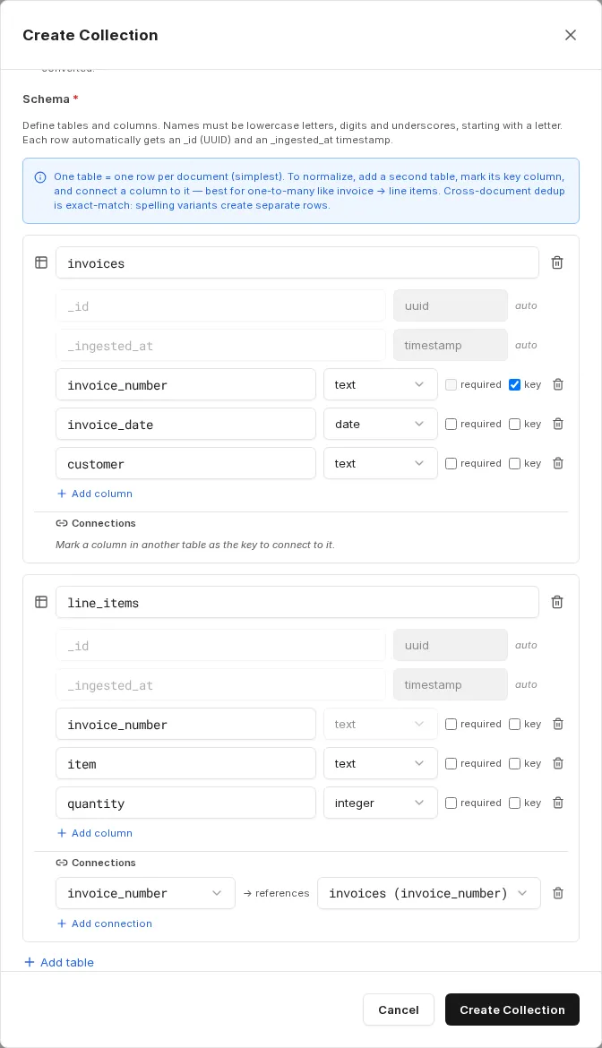 Connection between two tables via a key column