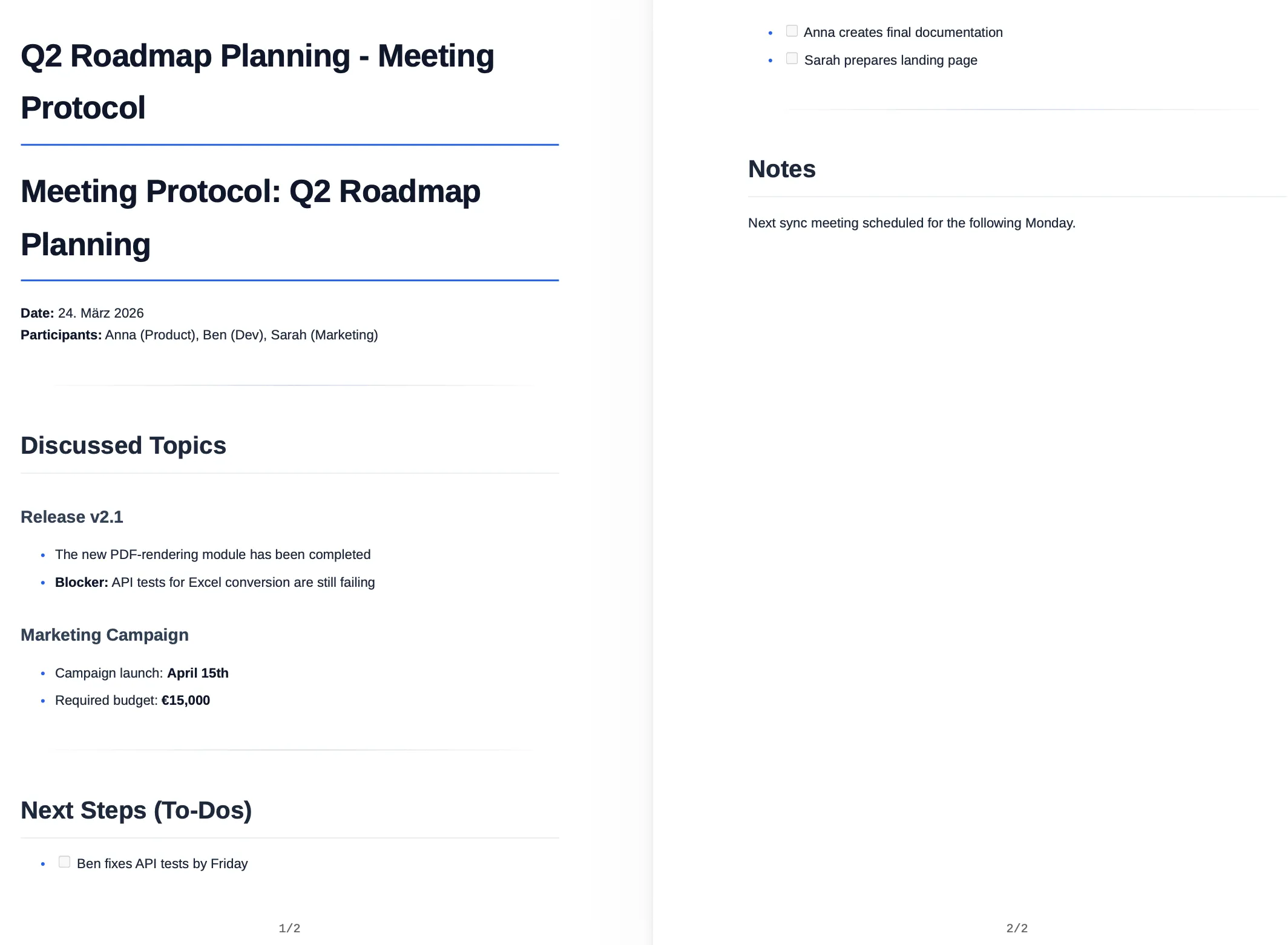 Meeting minutes in PDF document result