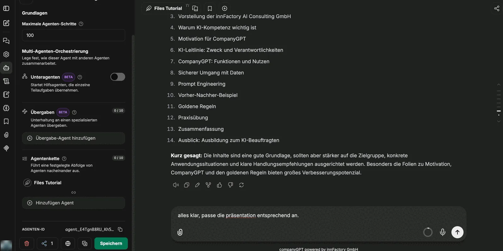 Erweiterte Agenteneinstellungen mit dem Feld „Maximale Agenten-Schritte" und dem Bereich Multi-Agenten-Orchestrierung