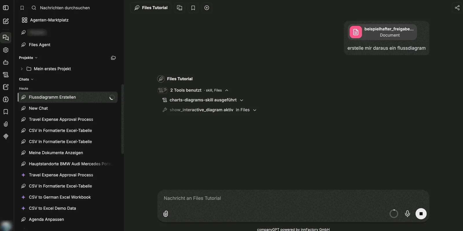 Chat mit dem Hinweis „2 Tools benutzt", dem ausgeführten charts-diagrams-skill und dem aktiven Werkzeug show_interactive_diagram