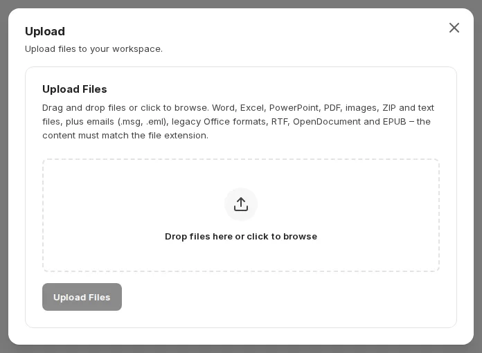 The Upload dialog with the upload area and the Upload Files button