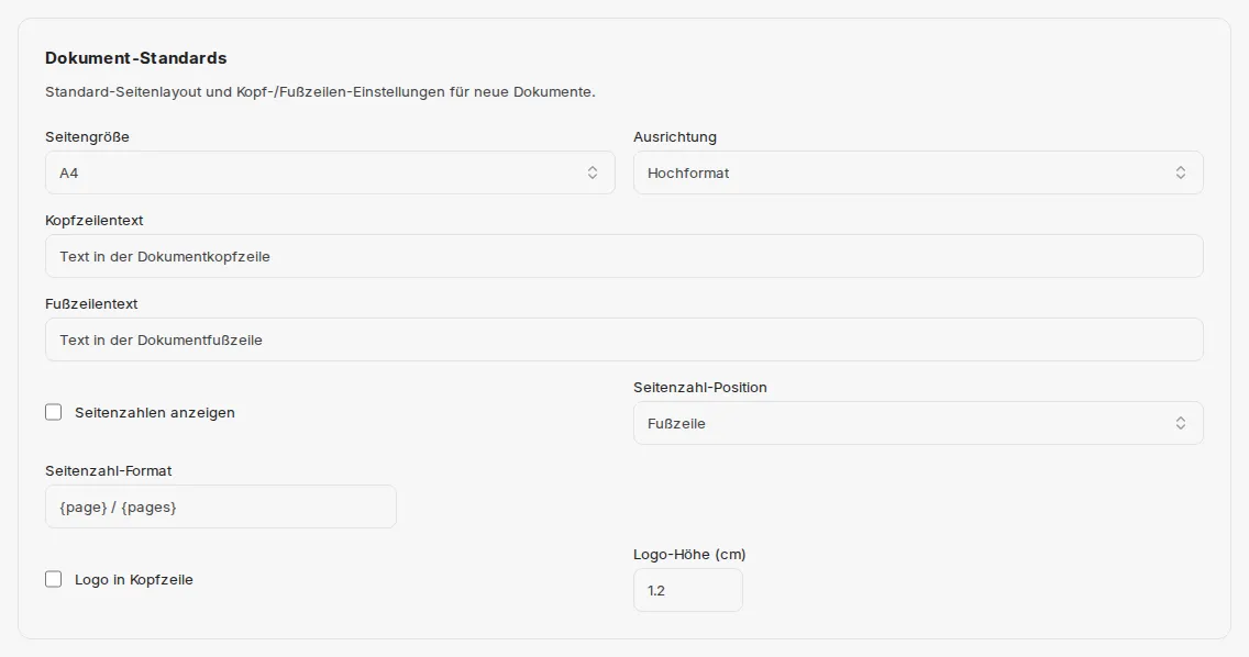 Karte „Dokument-Standards" mit Seitengröße, Ausrichtung, Kopf- und Fußzeilentext, Seitenzahlen und Logo in der Kopfzeile