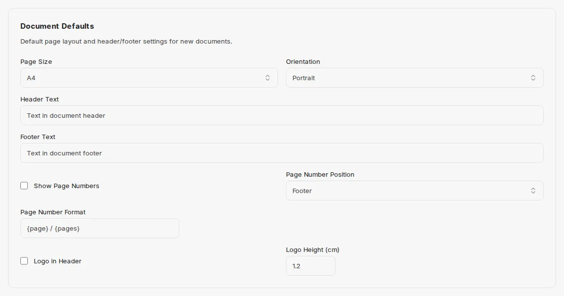 The Document Defaults card with page size, orientation, header and footer text, page numbers and logo in header