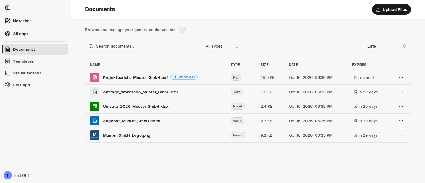 Documents page with search, type filter and sorting, listing five files, including a PDF attached in the chat with the CompanyGPT badge and an image with a thumbnail