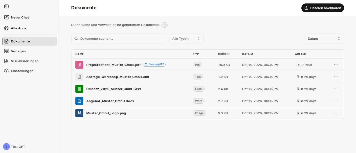 Seite Dokumente mit Suche, Typfilter und Sortierung sowie fünf Dateien, darunter ein im Chat angehängtes PDF mit der Marke CompanyGPT und ein Bild mit Vorschaubild