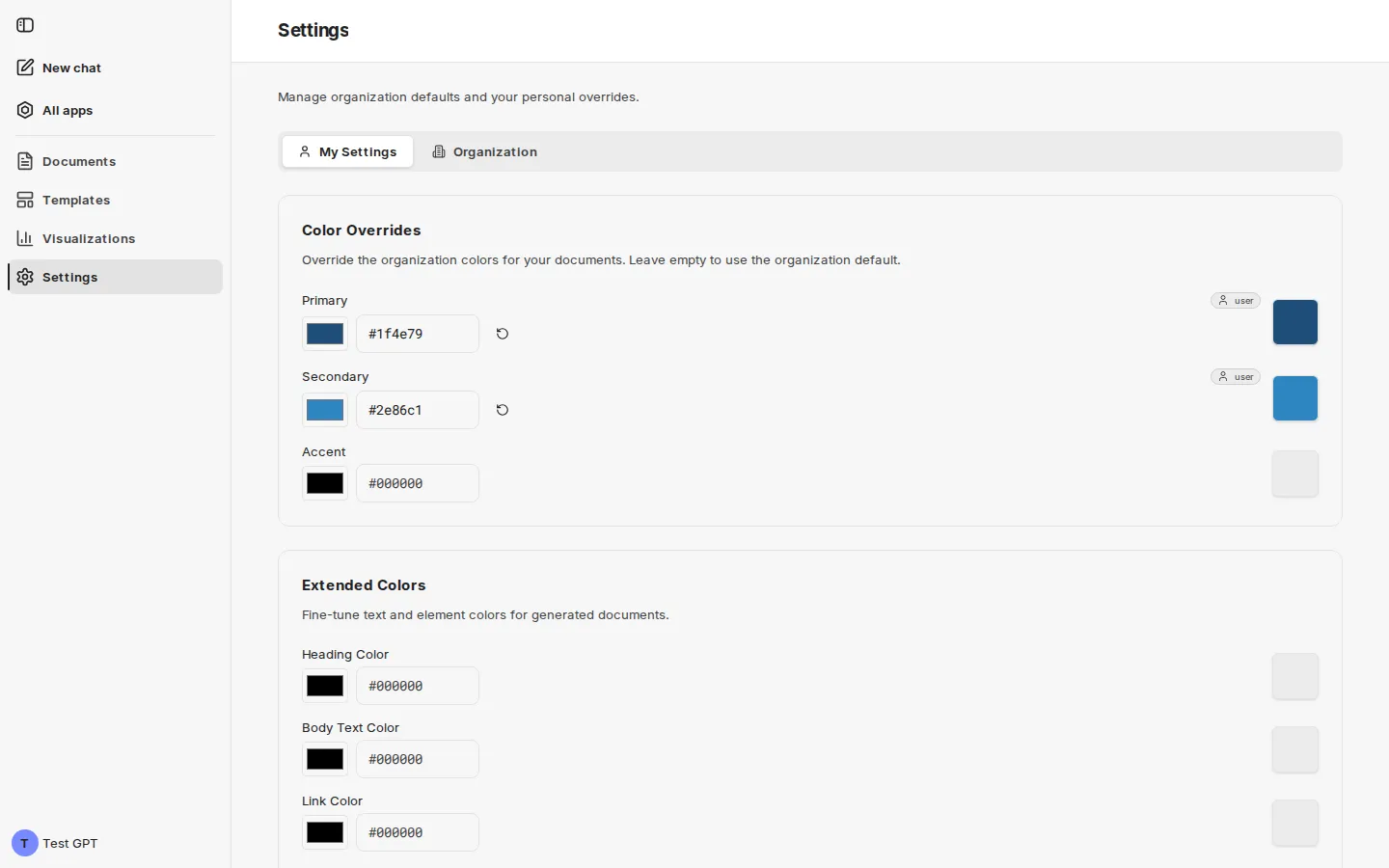 The My Settings tab with the Color Overrides and Extended Colors cards; Primary and Secondary are set personally and carry the user badge
