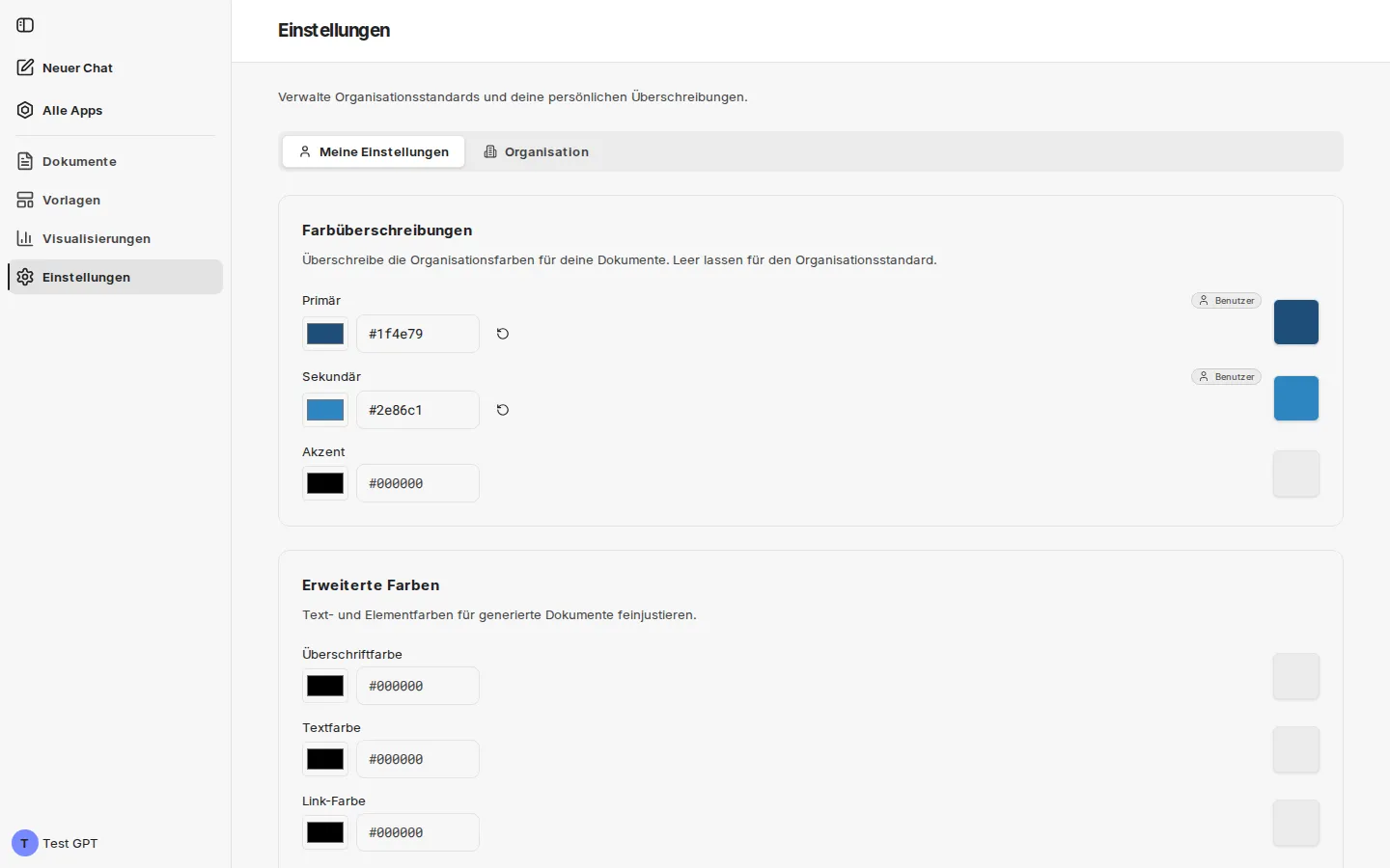 Tab „Meine Einstellungen" mit den Karten Farbüberschreibungen und Erweiterte Farben; Primär und Sekundär sind selbst gesetzt und tragen die Marke Benutzer