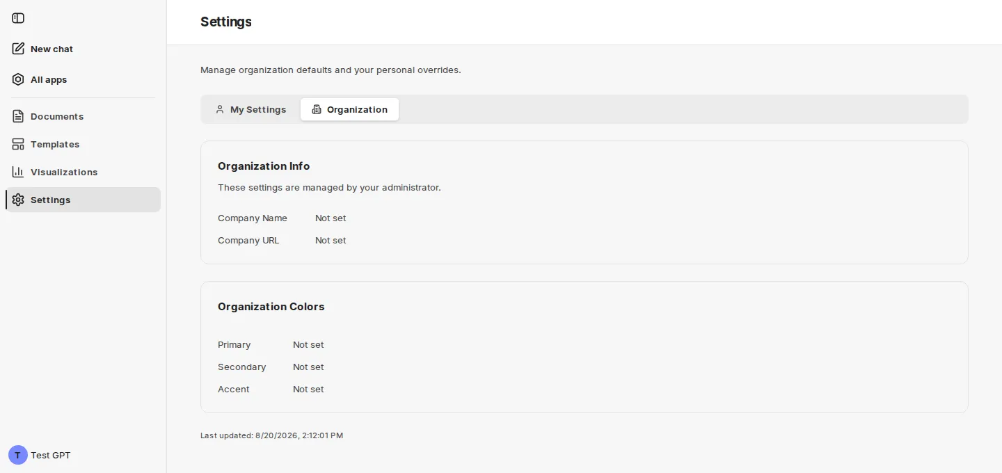 The Organization tab in the view without administrator rights: Organization Info and Organization Colors read-only, with the note that the administrator manages these settings