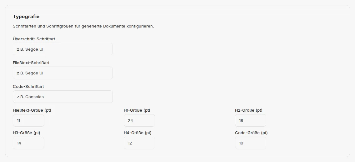 Karte „Typografie" mit den Feldern für Schriftarten und Schriftgrößen