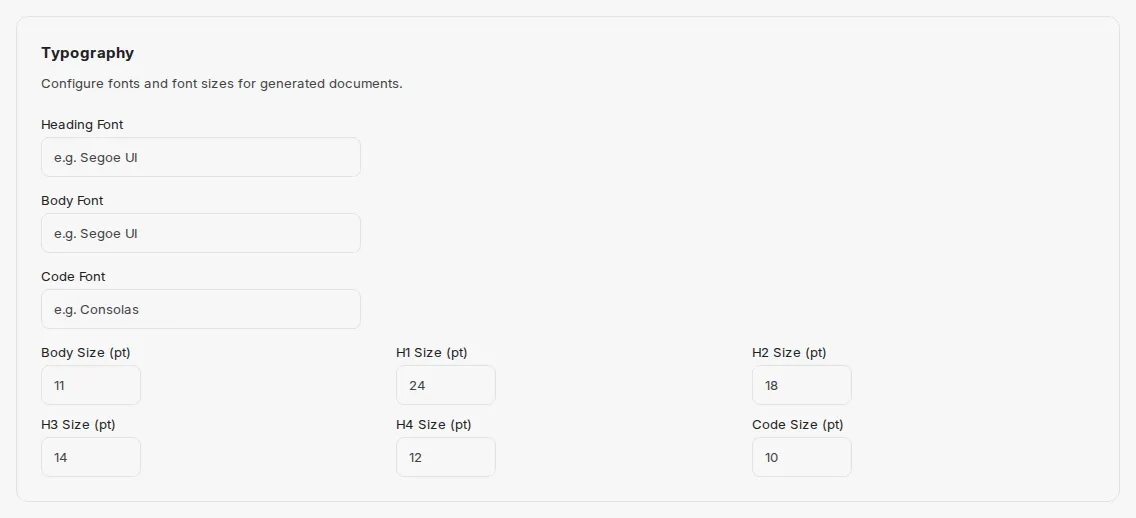 The Typography card with the fields for fonts and font sizes