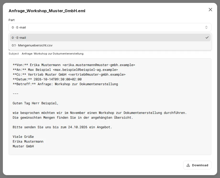 Preview of an e-mail with the Part selector open (the e-mail and its attachment Mengenuebersicht.csv) and the text of the message